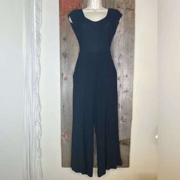 Anthropologie Black Abbey Crepe Wide Leg Jumpsuit Tie Waist Cocktail Size 6 - Picture 2 of 13